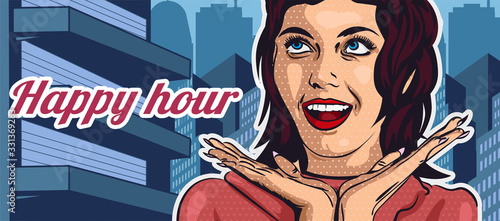 Suprised smiling girl on the urban background. Round clock on the city background, Happy hour lettering