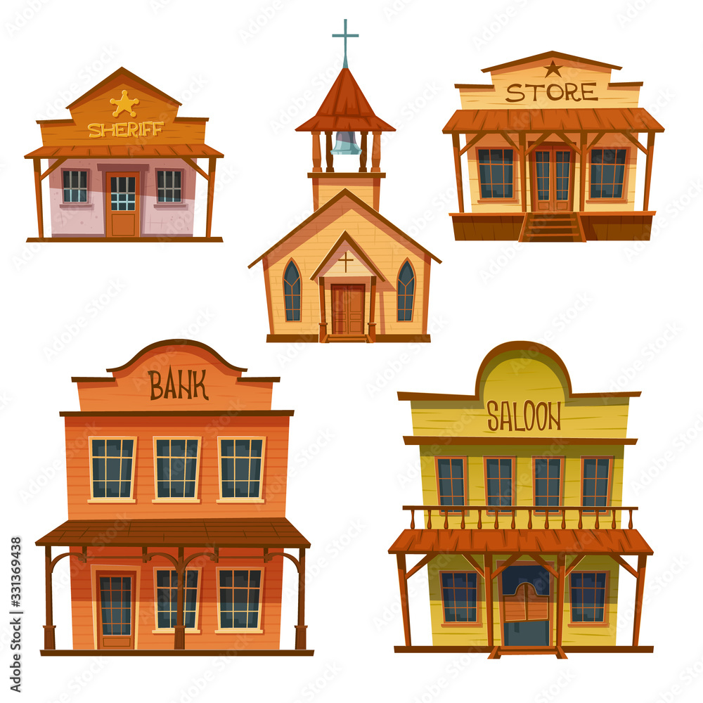 Fototapeta premium Wild west buildings set. Church, saloon, bank, sheriff and store wooden traditional western architecture isolated on white background. House exterior, cowboy style design, Cartoon vector clip art