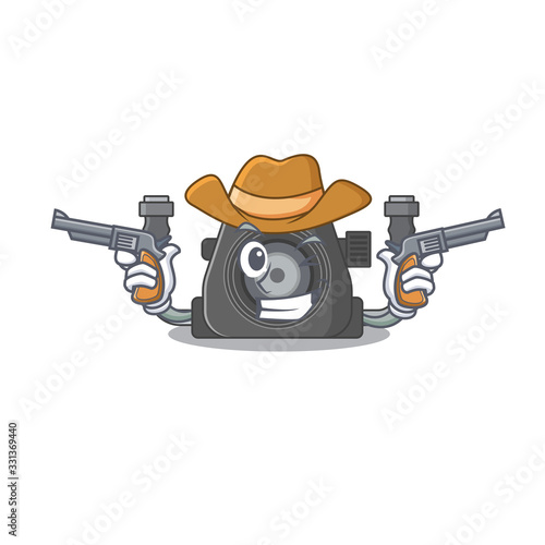Funny underwater camera as a cowboy cartoon character holding guns