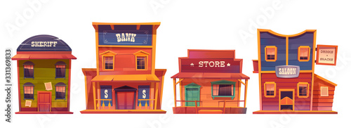 Wild west buildings set. Saloon, bank, sheriff and store wooden traditional western architecture isolated on white background. House exterior, cowboy style design, Cartoon vector clip art