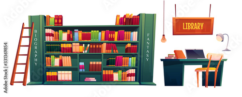 Library with books on shelves and laptop on table. Vector cartoon illustration of school, university or public library or store with bookcase, desk for study and lamp isolated on white background