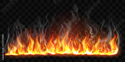 Realistic fire with smoke isolated on transparent background. Vector mockup of flame border, bright burning blaze with smoke and sparks. Glowing fiery wall with ember particles and fume