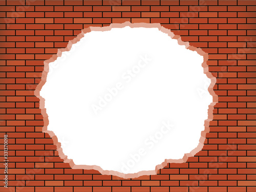 White hole in broken red brick wall.