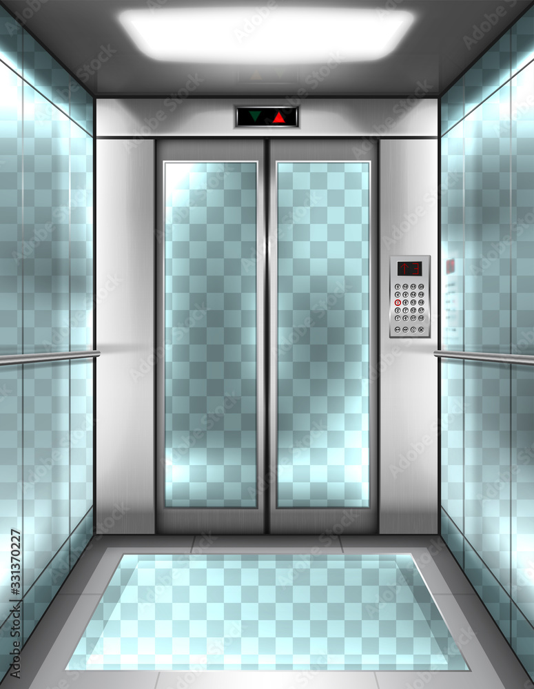 Empty glass elevator cabin with transparent walls, floor and closed doors.  Vector realistic interior of passenger lift with buttons panel and digital  display with arrows up and down in office building Stock