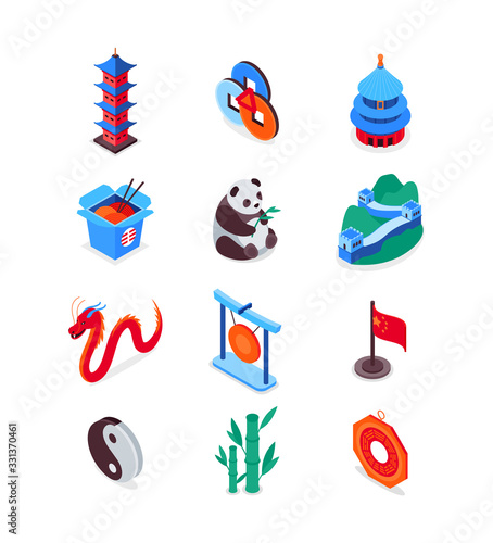 Chinese symbols - modern colorful isometric icons set