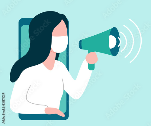 Woman in mask from smartphone alerts from megaphone. Propagation of protection information. Vector illustration