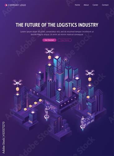Future of logistics industry banner. Autonomous shipping technology. Vector isometric illustration of smart city with drone delivery cardboard boxes, remote robot control