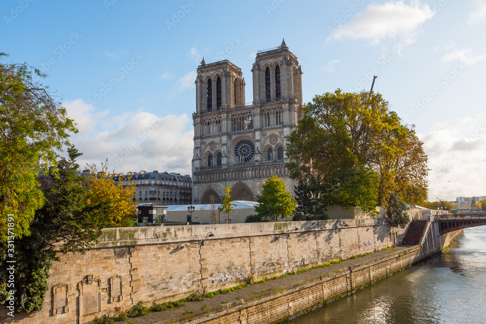 Notre-Dame de Paris, France. This gothic medieval monument caught fire on april 15 2019. Currently this catholic cathedral is being renovated (construction). Worldwide monument.