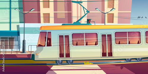 Tram riding on city street. Trolley car with driver on cityscape background, road with rails, buildings, traffic light, pedestrian crosswalk. Urban commuter and tramway railway track, cartoon vector