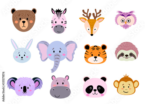 Set of cute simple animal heads - bear, monkey, zebra, owl, sloth, koala, rabbit, elephant, tiger, deer, hippo, panda. Cartoon portrait set with a flat design. Vector illustration