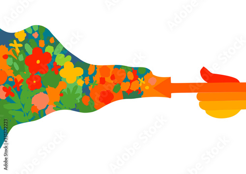 Warm colored hands with arrow tipped forefingers and wavy surface of meadow flowers flowing out of it.