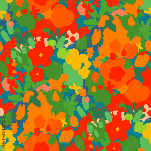 Abstract seamless pattern of simply drawn meadow flowers.