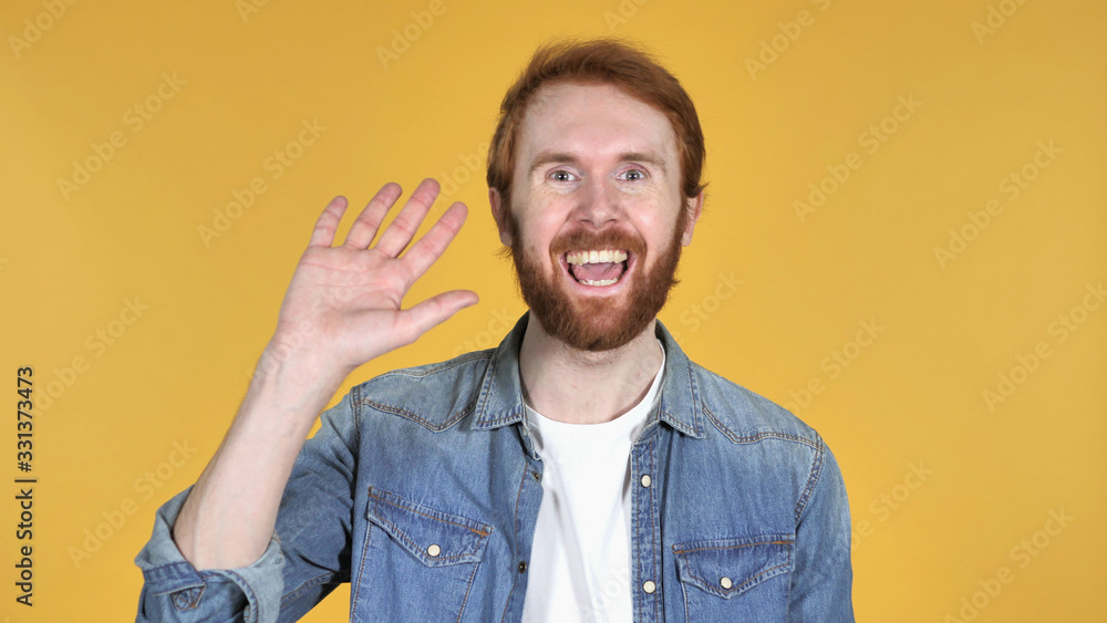 Video Chat by Redhead Man Isolated on Yellow Background, Talking Video Chat by Redhead Man Isolated on Yellow Background, Talking