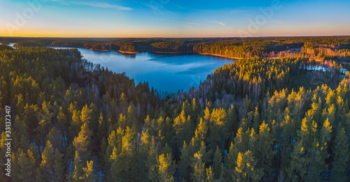 Top of the forest with lake in the evening light