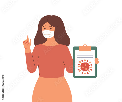 Young woman in protective face mask reports information and news about the viral infectious disease. Coronavirus epidemic concept