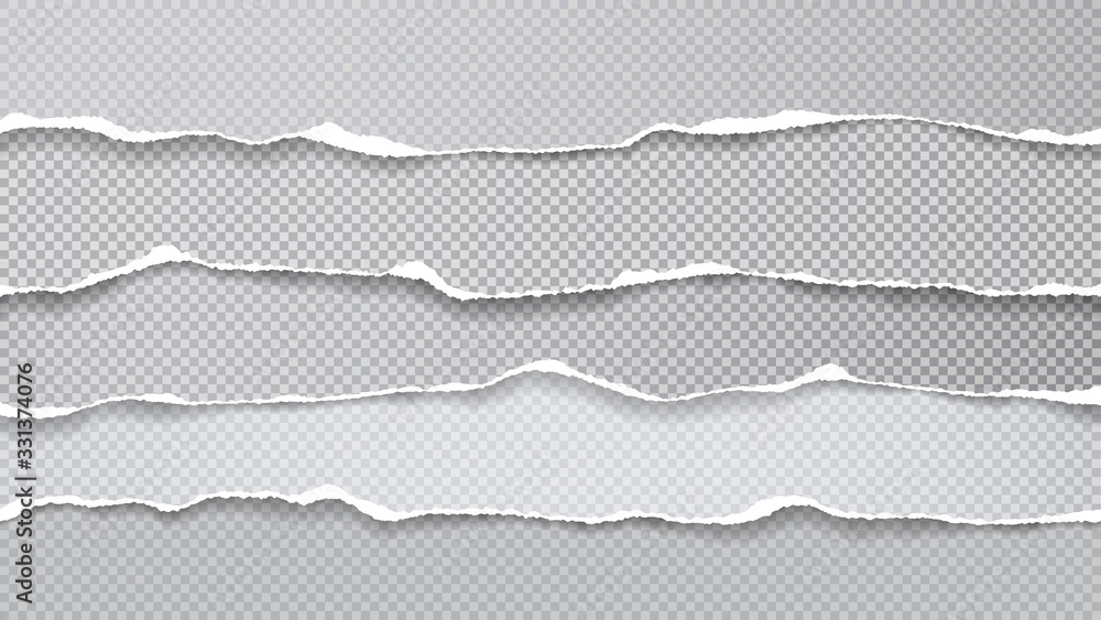 Pieces of torn, ripped horizontal white, grey paper with soft shadow are on squared background for text. Vector illustration Pieces of torn, ripped horizontal white, grey paper with soft shadow are on squared background for text. Vector illustration
