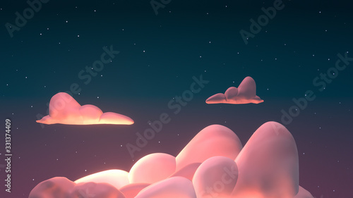 Fototapeta Naklejka Na Ścianę i Meble -  Pink and orange cumulus clouds in dark green sky. 3d rendering picture.