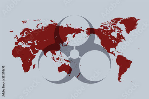 The concept of a pandemic infectious disease of humanity. Minimal background with biohazard symbol on a world map.