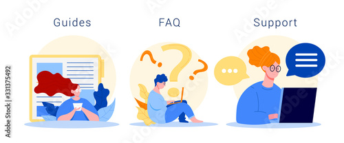 Set of flat images of people working in info center, asking questions and providing information. Guides, FAQ and Support. Vector on white background