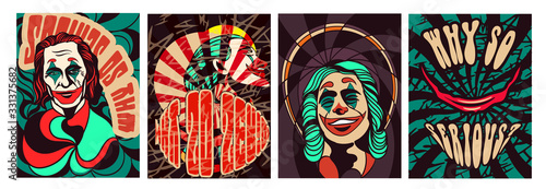 Set of psychedelic scary clown posters in festive green and red vintage circus art style for postcards or stickers
