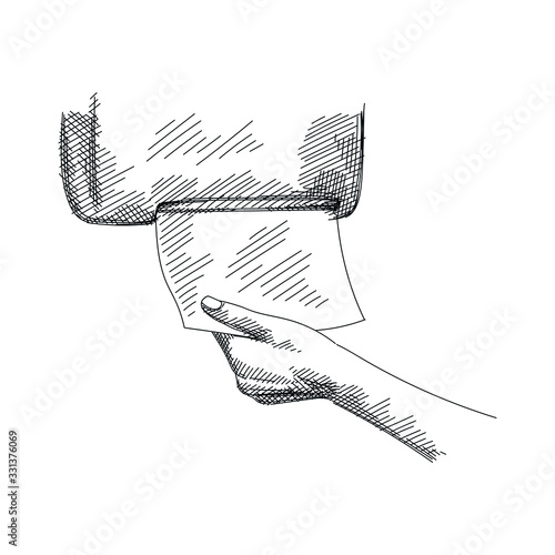 Hand-drawn sketch of the automatic sensor electronic paper towel/roll paper/tissue/napkin dispenser. Taking a napkin from the dispenser. Protective measures against coronavirus/COVID-19