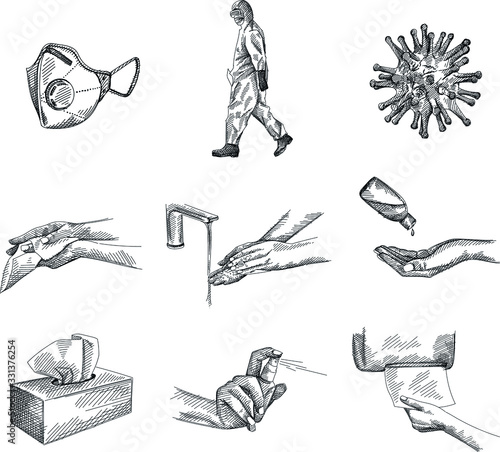 Hand-drawn set of protective measure tools against Coronavirus/COVID-19. Disinfecting clothing and mask, gel and spray antiseptics, paper, tissue, napkin dispenser and box, washing and wiping hands