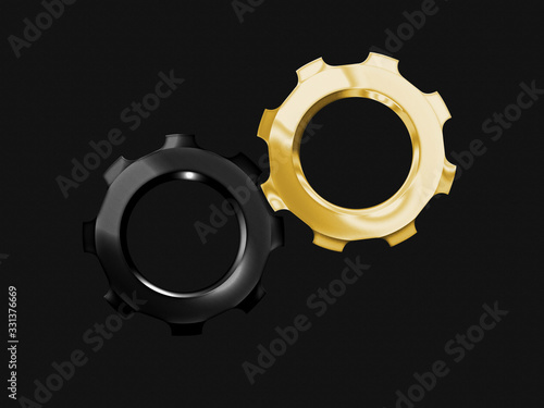 Two gears, black and gold, on a textured black background