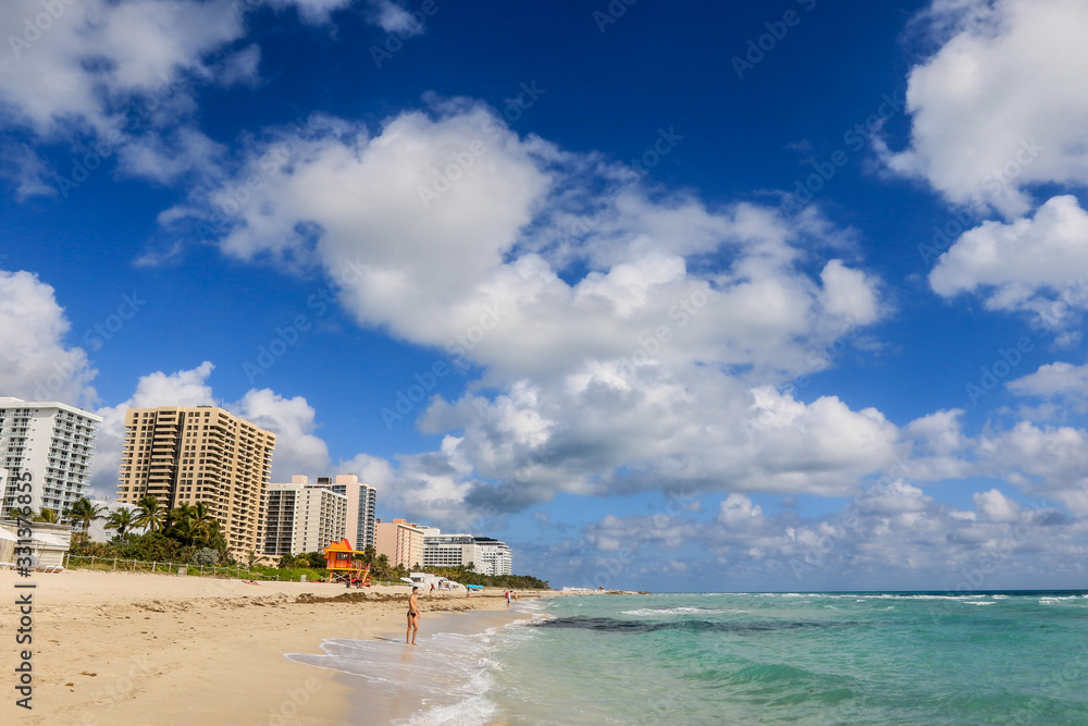 Miami, USA - October 20, 2019: Amazing Sandy Beach with the City View