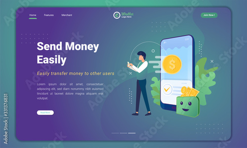 Send money easily using digital wallet application, e-wallet illustration on landing page