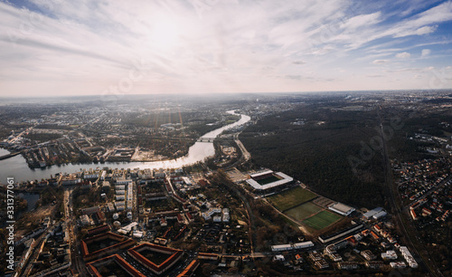 aerial drone shot of Berlin Kopenick with stadium of soccer team FC Eisern Union