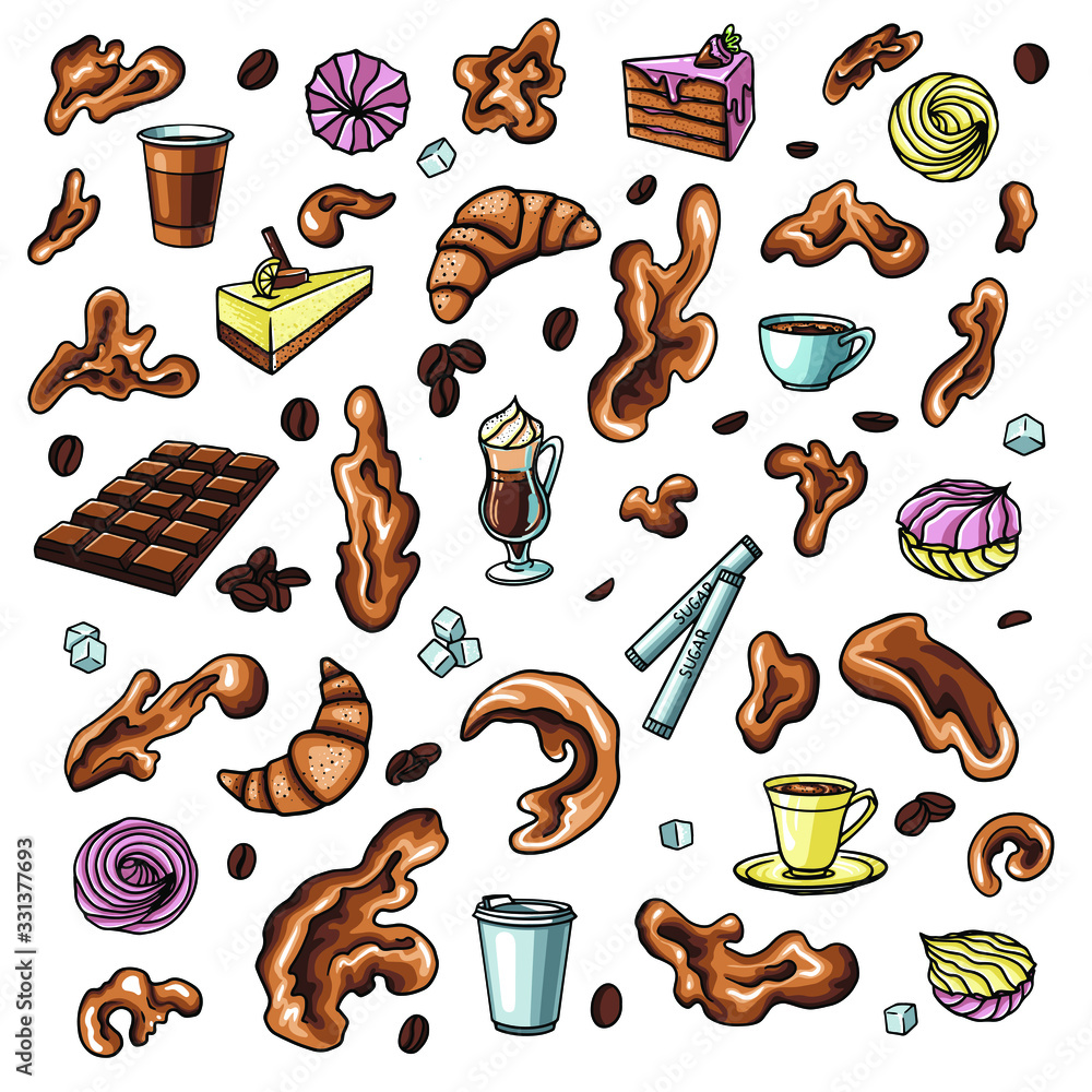 Vector set with pasty goods illustrations. Tasty food and coffee. Cupcake, pie, cinnamon roll, bun, croissant, muffin, cookie vector illustration Vector set with pasty goods illustrations. Tasty food and coffee. Cupcake, pie, cinnamon roll, bun, croissant, muffin, cookie vector illustration