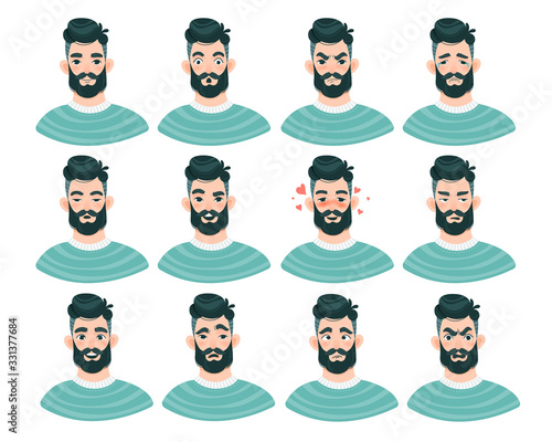 Large set of twelve different male emoticons with bearded man showing a variety of emotions and expressions isolated on white, vector illustration