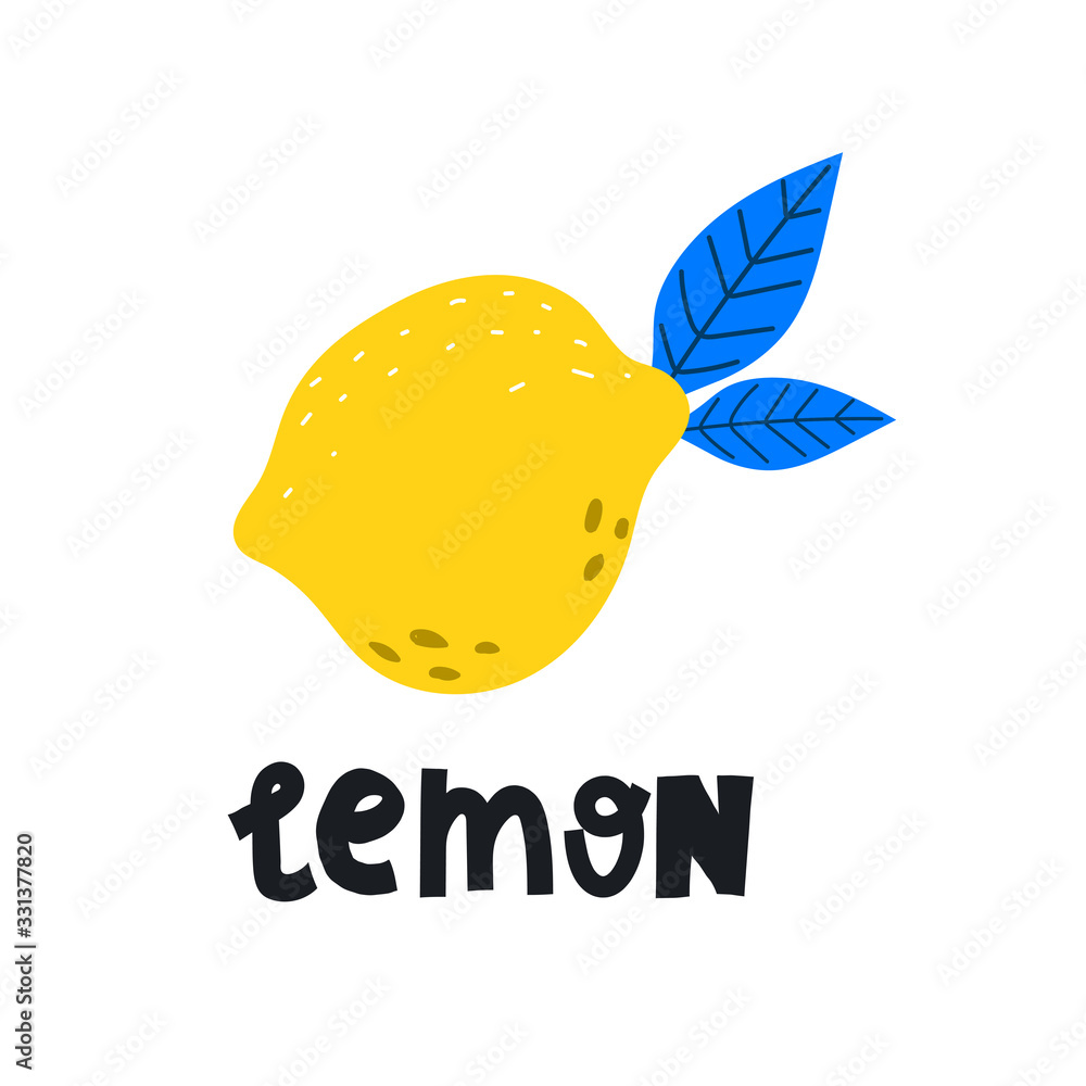cartoon lemon, leaves, hand drawing lettering. Simple colorful  illustration, flat style. design for card, print, poster, cover. Stock  Vector | Adobe Stock