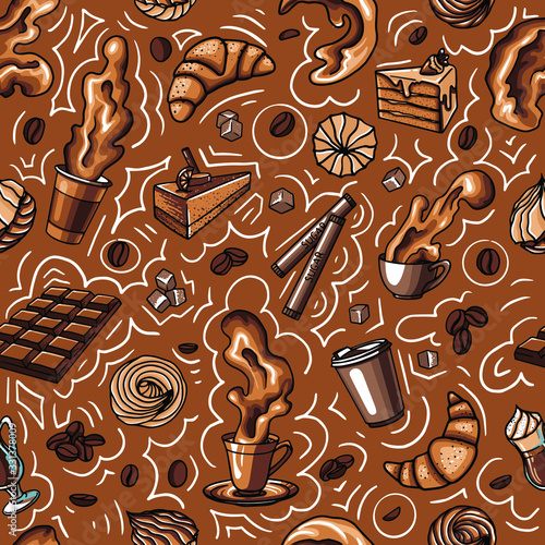 coffee chocolate texture seamless with drink and sweets, cake, cocoa, spray, marshmallow sugar