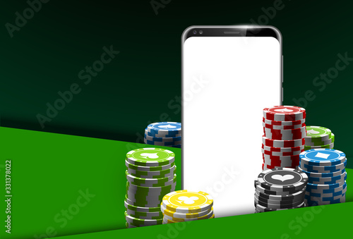 illustration Online Poker casino banner with a mobile phone, chips and dice. Marketing Luxury Banner Jackpot Online Casino with New model Smartphone. Empty advertising poster flat paper cloud for text