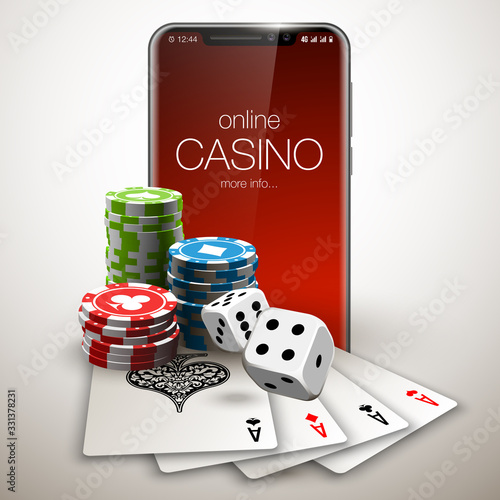Vector illustration Online Poker casino banner with a mobile phone, chips, playing cards and dice. Marketing Luxury Banner Jackpot Online Casino with New model Smartphone. Empty advertising poster.