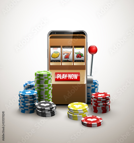 big win illustration Online Jackpot casino Slot machine banner in mobile phone. Chips, playing card, dice. Marketing Luxury Banner Jackpot Online Casino game Slot-machine in Smartphone play now poster