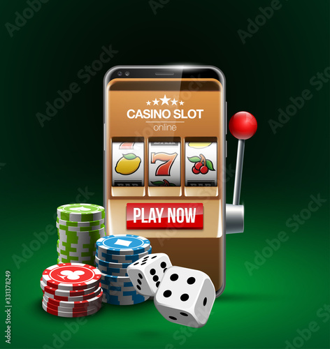 big win illustration Online Jackpot casino Slot machine banner in mobile phone. Chips, playing card, dice. Marketing Luxury Banner Jackpot Online Casino game Slot-machine in Smartphone play now poster