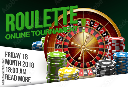 illustration Online Poker casino banner with american roulette on green surface table. Marketing Luxury Banner Jackpot Online Casino with classic roulette. Advertising poster with ribbon for text.