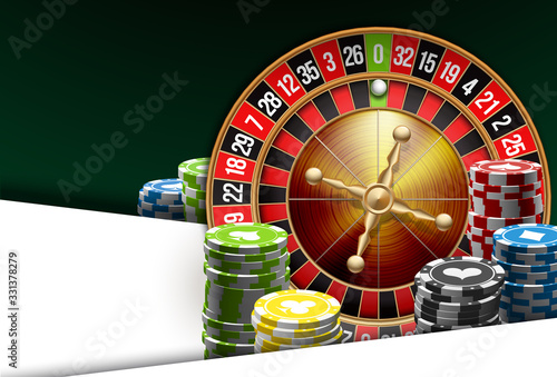 illustration Online Poker casino banner with american roulette on green surface table. Marketing Luxury Banner Jackpot Online Casino with classic roulette. Advertising poster with red ribbon for text.