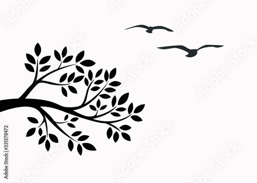 Black tree brunch with bird isolated on white background.