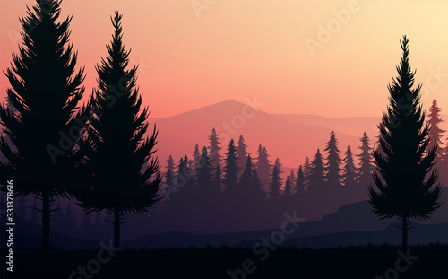 Nature forest Natural Pine forest mountains horizon. Landscape wallpaper. Sunrise and sunset. Illustration vector style colorful view background. © Chakkree