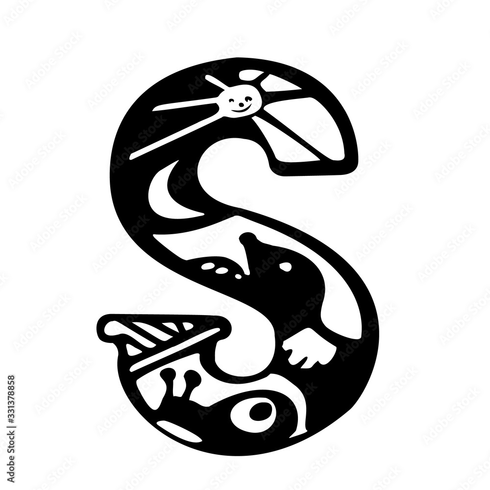 Letter S. Stylized: mole, snail, sun, moon, patterns inside the letter. Black and white vector illustration. Isolated on a white background.