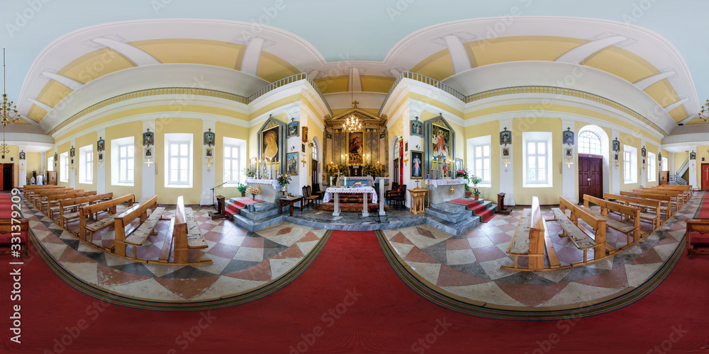 Full spherical seamless hdri panorama 360 degrees angle inside interior of old gothic catholic church in equirectangular projection, VR AR content