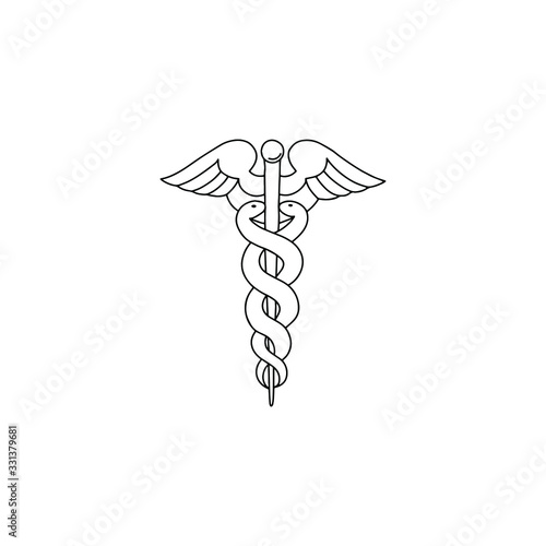 Caduceus health symbol Asclepius's Wand. Linear, hand draw illustration. 