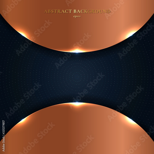 Abstract copper shiny metallic circle with particles elements on dark blue background