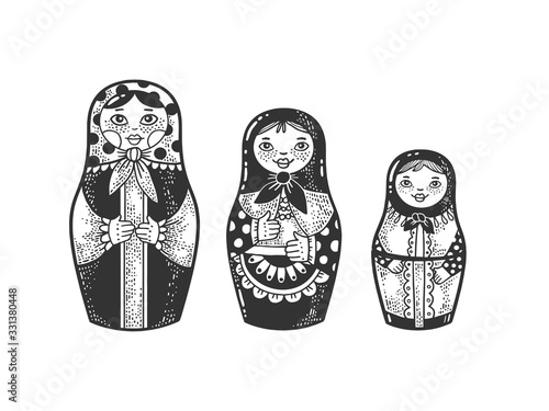 Matryoshka Russian doll sketch engraving vector illustration. T-shirt apparel print design. Scratch board imitation. Black and white hand drawn image.
