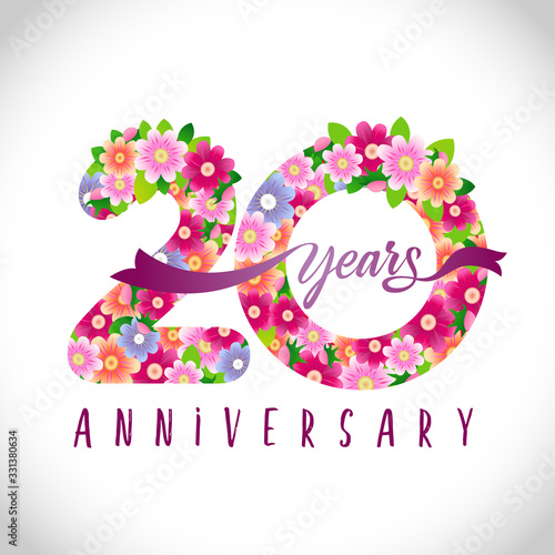 20 th anniversary numbers. 20 years old logotype. Floral pink congrats. Isolated abstract graphic design template. Creative holiday digits with vector mask. Up to 20%, -20% percent off discount.