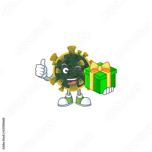Cheerful new coronavirus cartoon character holding a gift box