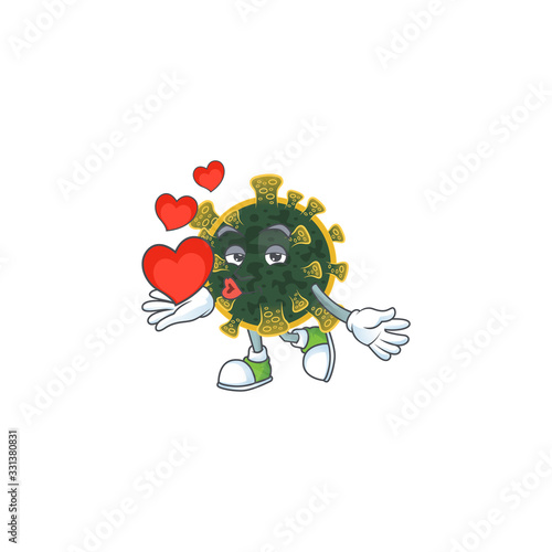 A romantic cartoon character of new coronavirus with a heart